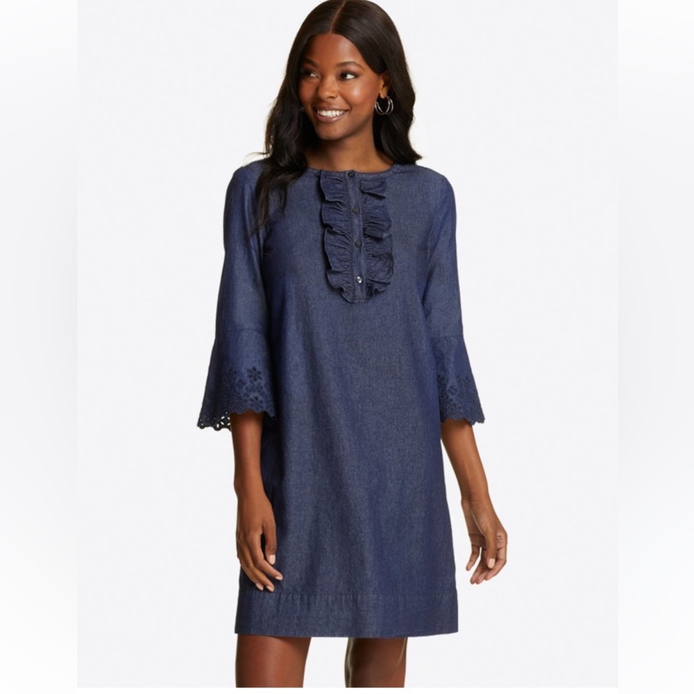 Draper James Chambray Ruffle Embroidered Shift Dress Size 10